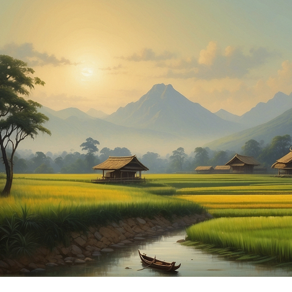 Lukisan Pemandangan Pesona Pedesaan di Senja Hari
