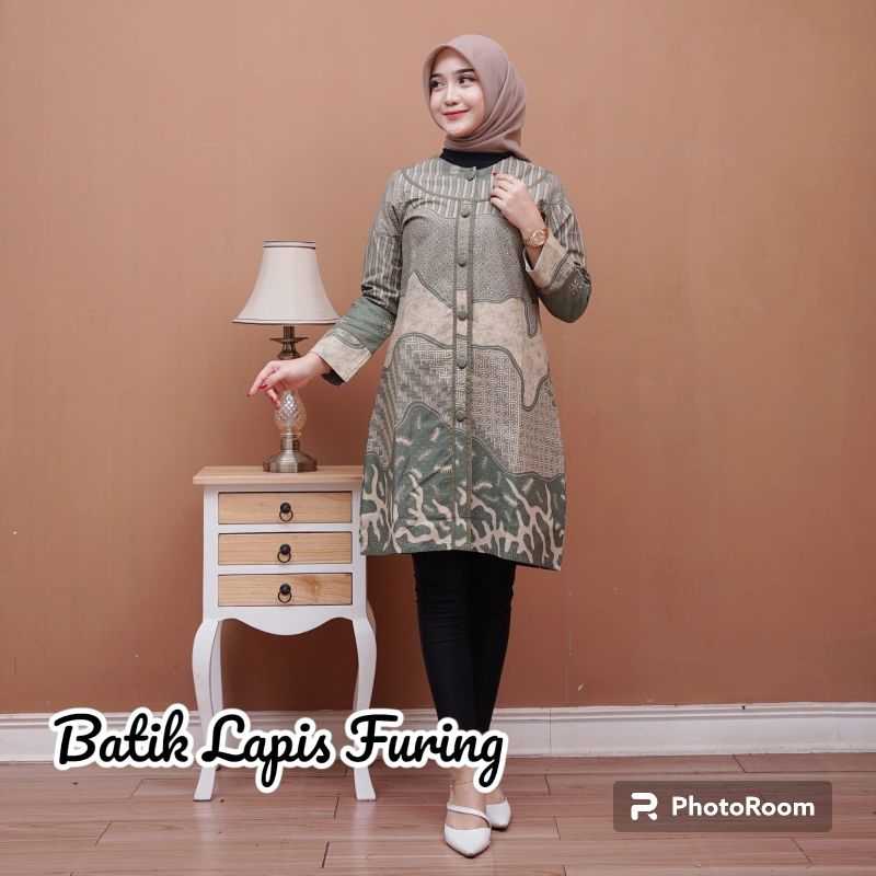 Baju Batik Tunik Wanita Lapis Furing Full Kancing Depan