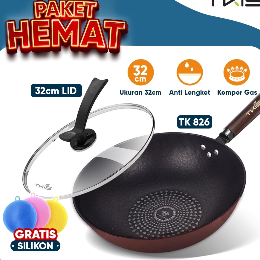 Stok Baru TKIS Paket Hemat Wajan Teflon 32cm Dengan Tutup Kaca Wajan Anti Lengket TK-826 + Tutup Kac