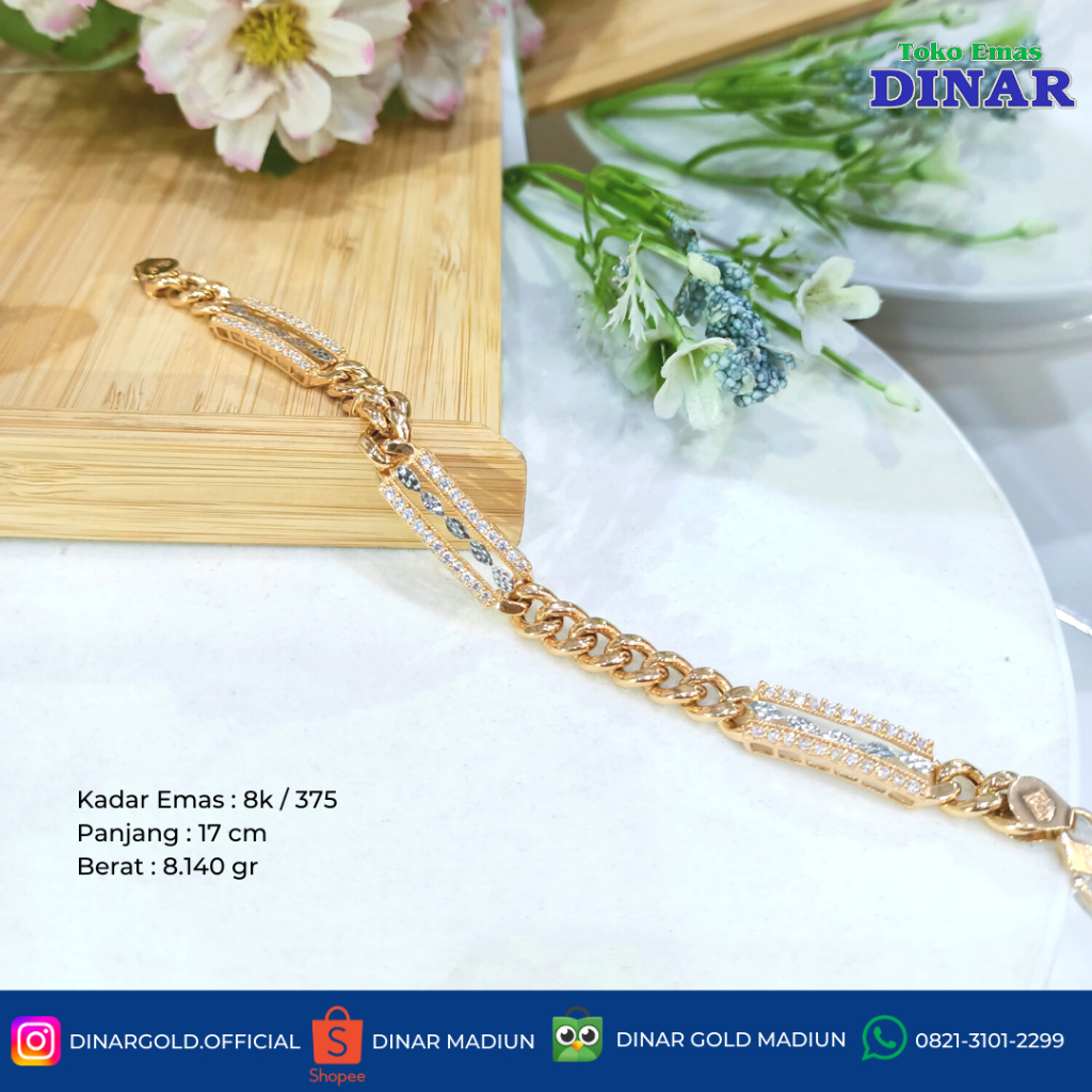 GELANG RANTAI PLAT BT AD MODEL SLEP - EMAS MUDA - KADAR 8K/375