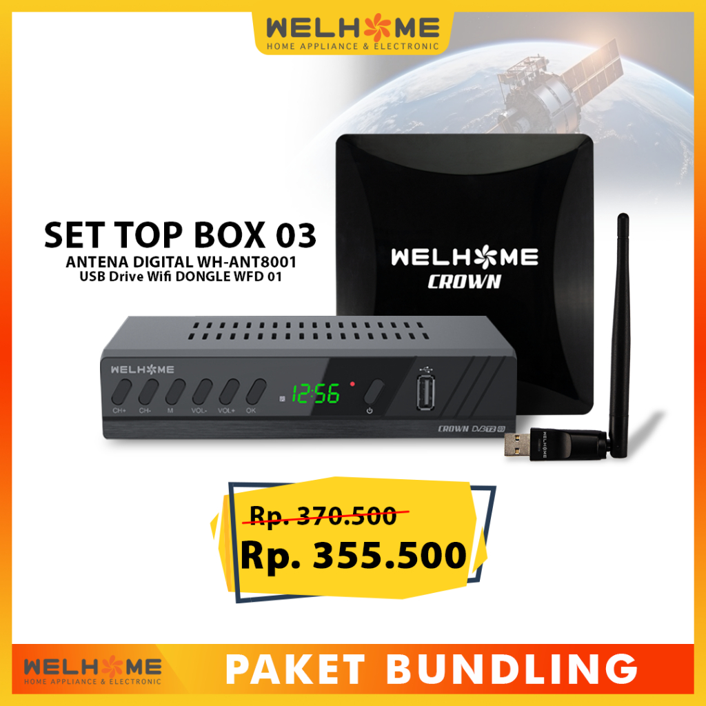PAKET BUNDLING Welhome Set Top Box DVB-T2-03 + Welhome Antena ANT8001 +Welhome USB Drive Wifi Dongle