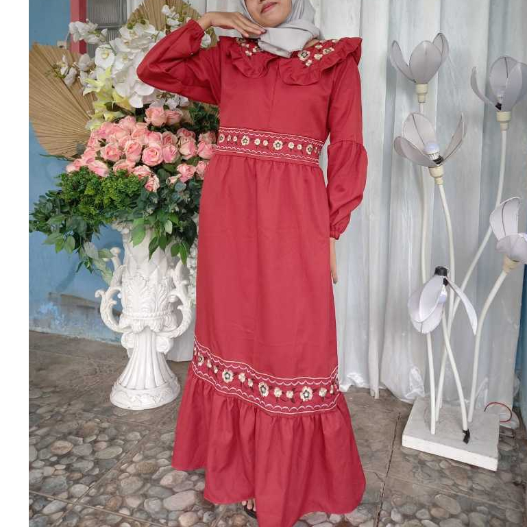 Gamis Wanita Dress Muslim Wanita Red Merah Motif Bunga Bunga Katun