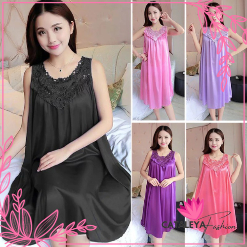 Cataleya Daster Satin Brokat Korea Terkini Motif Bunga Lace Baju Tidur Seksi Import 1108