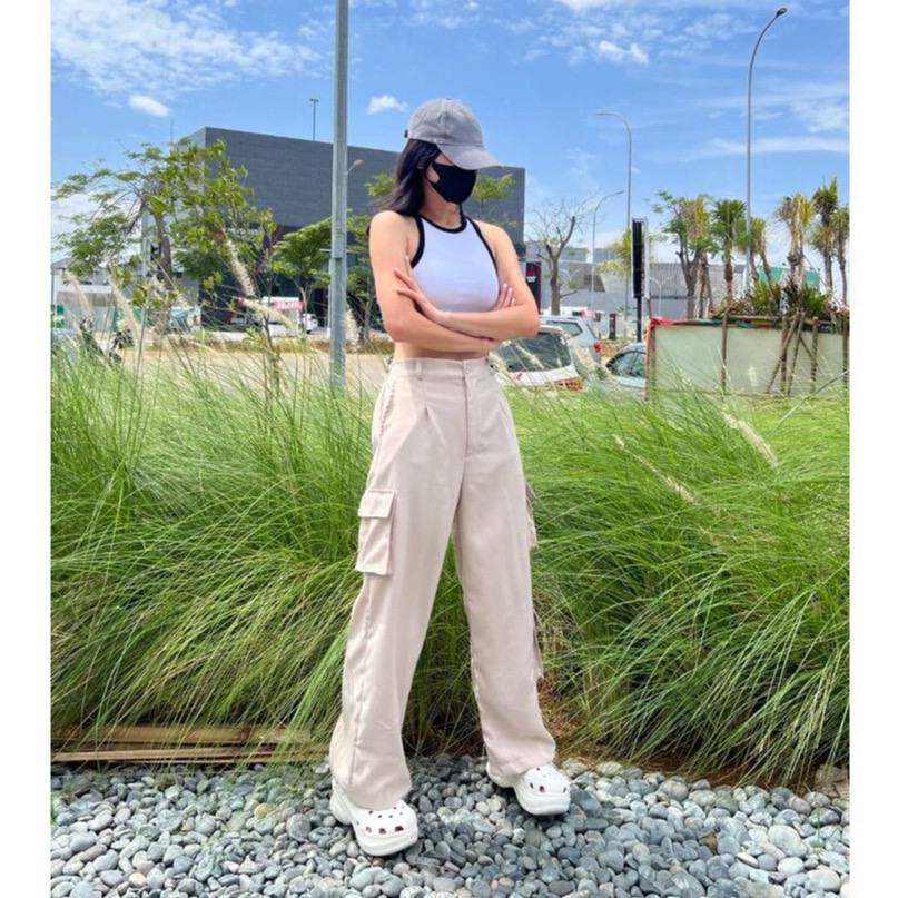 Celana Cargo Wanita Jumbo - Celana Cargo Highwaist Bahan Drill - Cargo Pants Wanita Terbaru