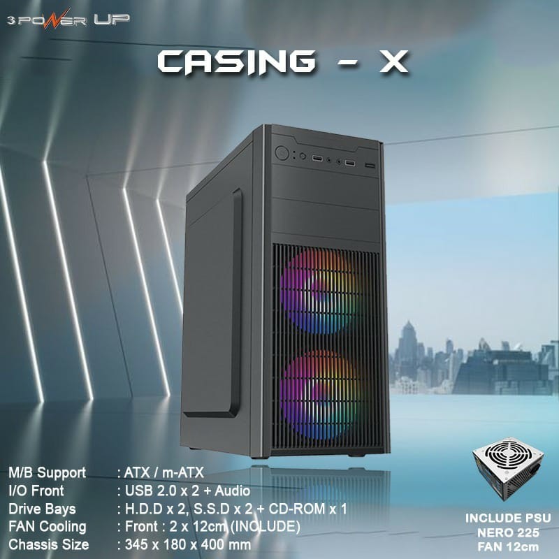 CASING 3 POWER UP CASING-X ATX MATX INCLUDE PSU NERO