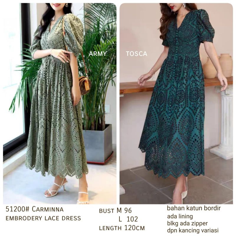 51200 Baju mididress CARMINNA EMBROIDERED LACE BROKAT KATBOL katun bolong midi dress lengan pendek d