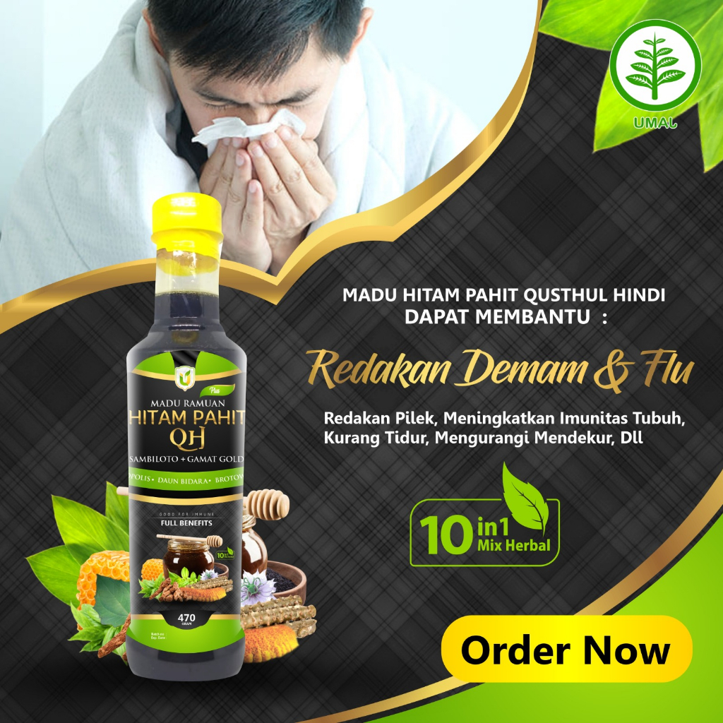 Madu Hitam Pahit Qusthul Hindi Premium 10 in1 Plus Propolis Habbatussauda 470ml Sambiloto dan Insuli