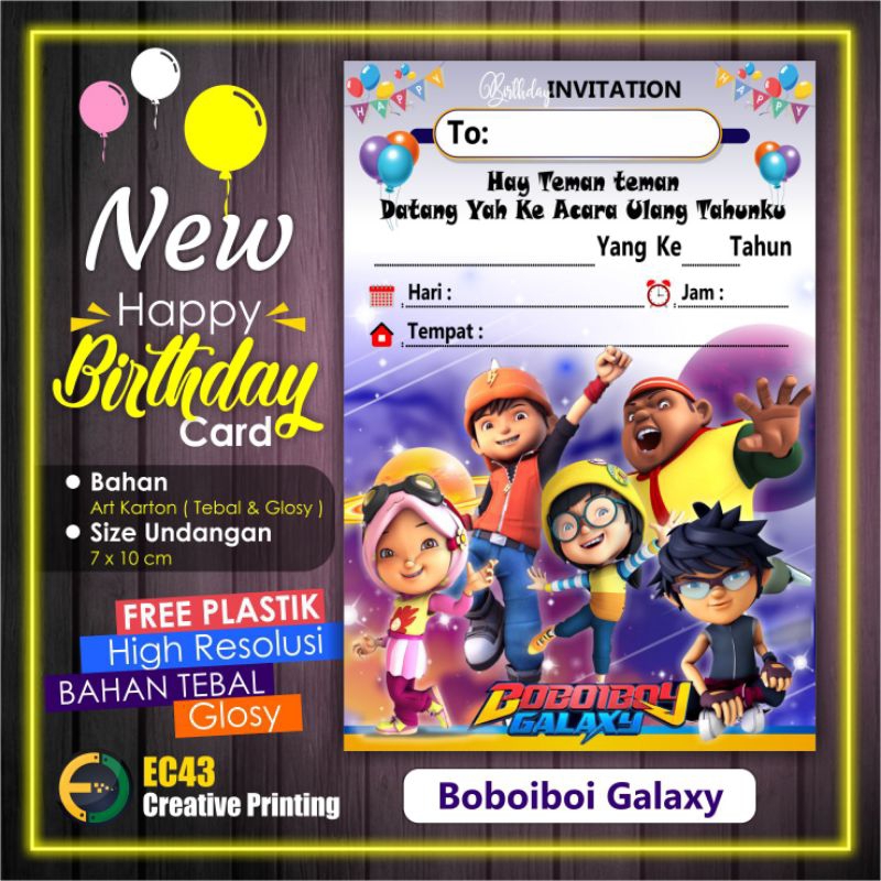 Undangan Ultah Anak Tema Boboiboy Galaxy II FREE PLASTIK OPP SEAL