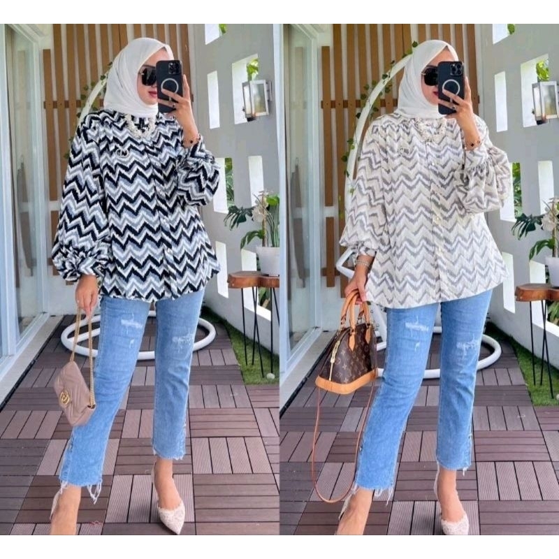 ATASAN WANITA BLOUSE CRINCLE ZIGZAG LENGAN BALON