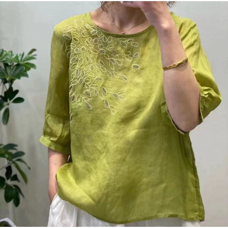 baju blouse bahan katun linen motif bordir