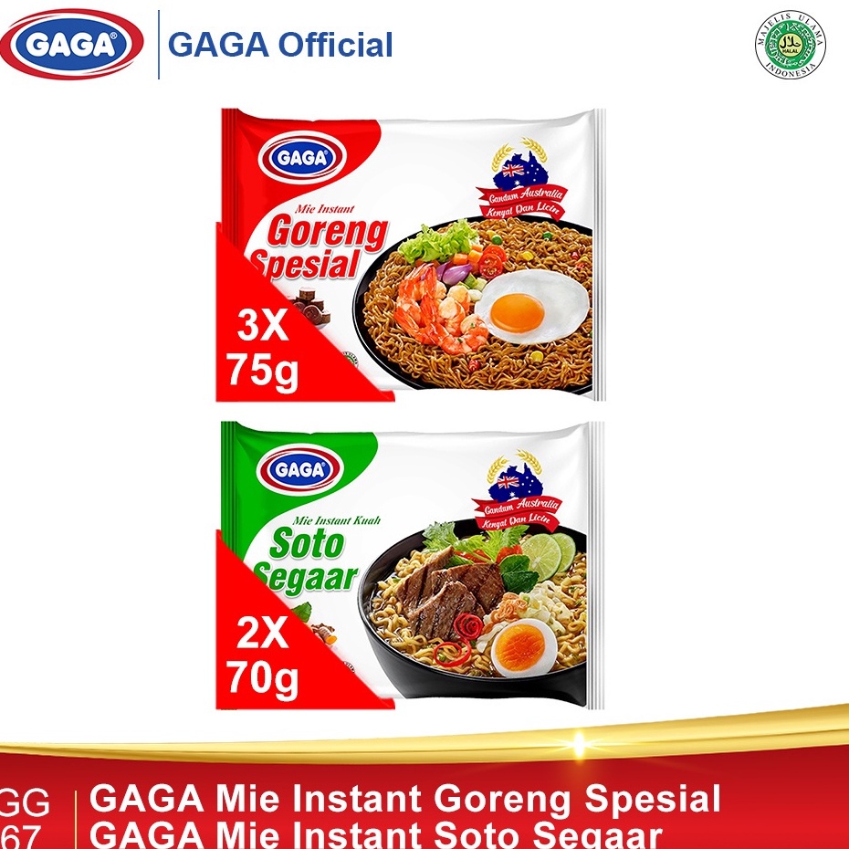 

Lariz GAGA Mie Goreng Spesial 75g 3pcs, GAGA Mie Soto Segaar 70g 2pcs (GG67)