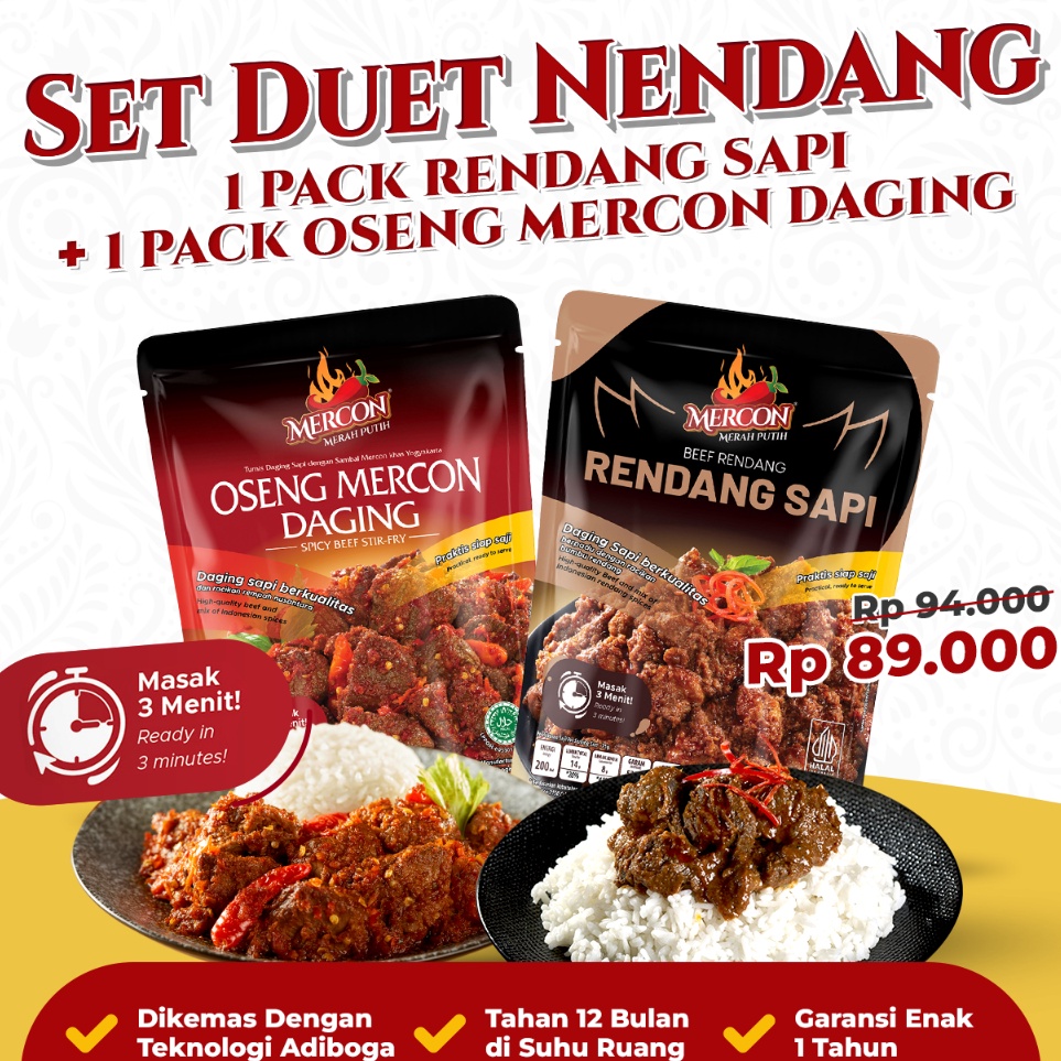 

Pasti Laku Mercon Merah Putih - Set Duet Nendang II Oseng Mercon Daging + Rendang Sapi