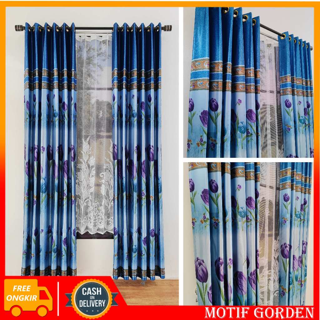 Gorden Pintu Kamar Elegant Bahan Kain Blackout Import Motif Bunga Tulip Terlaris