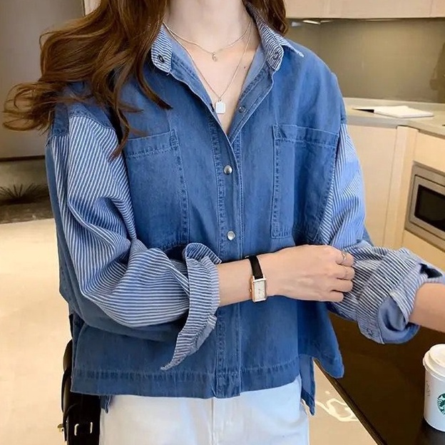 KEMEJA JEANS DENIM  OVERSIZE ATASAN WANITA KOMBINASI SALUR / KEMEJA JEANS WANITA OVERSIZE