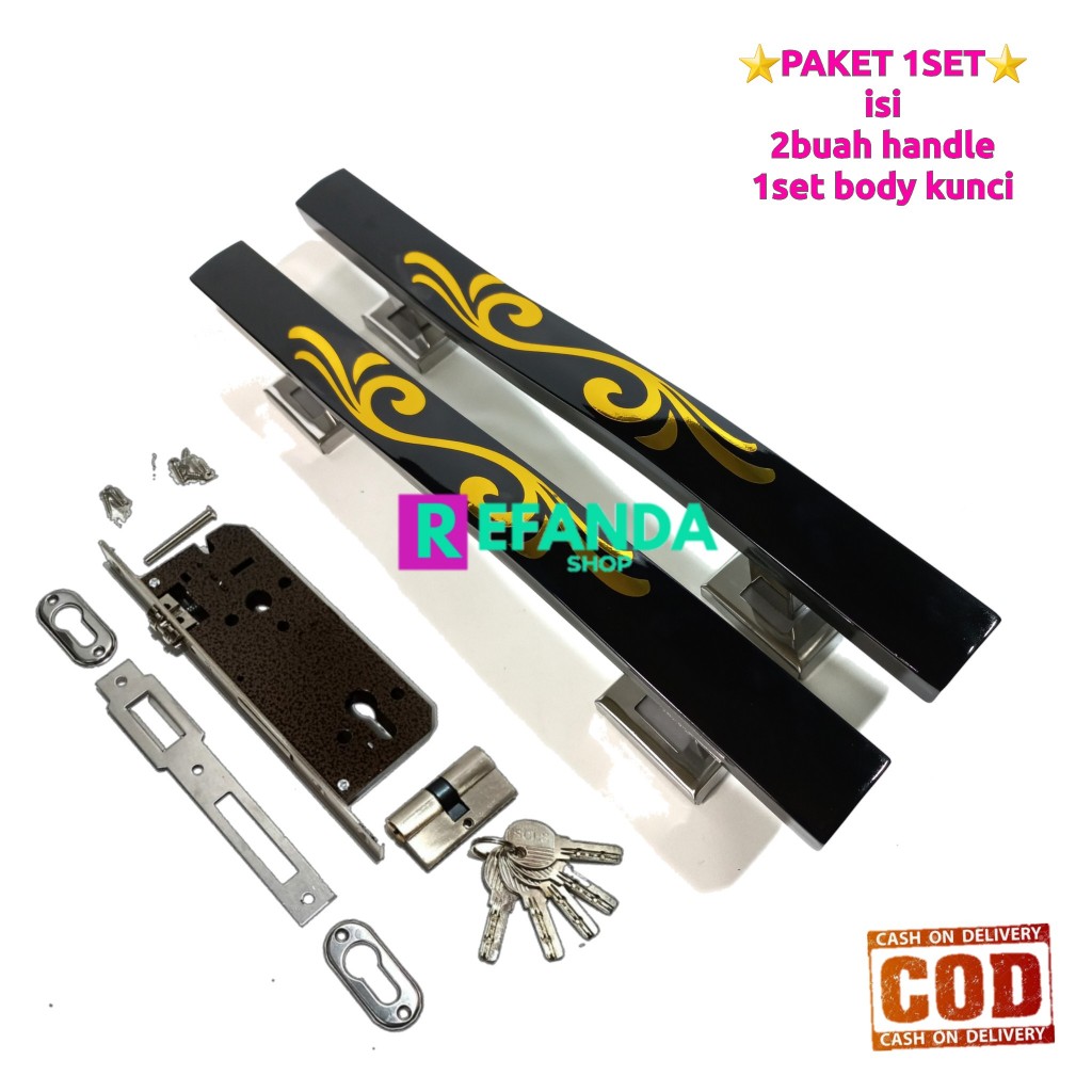 kunci set body kunci dan 2 buah gagang handle pintu rumah minimalis untuk pintu depan dan kamar/daun