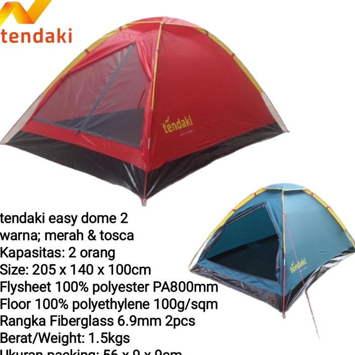 Terkini TENDAKI •Tenda Camping •Tenda Dome Terlaris  •Tendaki Easy Dome 2 Single Layer PA800mm Kapas