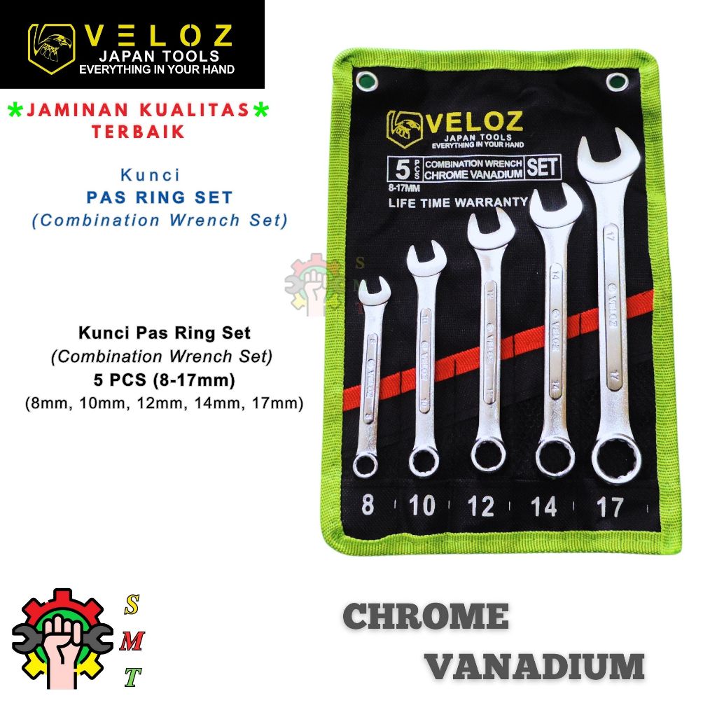 Kunci Pas Ring Set 5 Pcs (8mm-17mm) Veloz Chrome Vanadium steel SUNMURAH TEKNIK Surabaya
