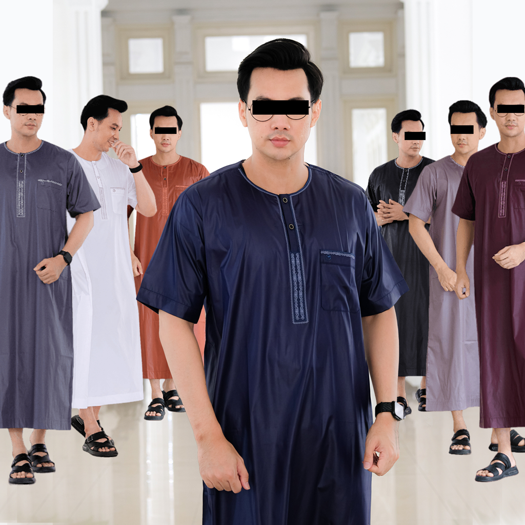 JUBAH GAMIS PRIA DEWASA MODEL IKAF LOKAL LENGAN PENDEK NON KRAH OBLONG BORDIR AL FARUQ BY ILNAAF