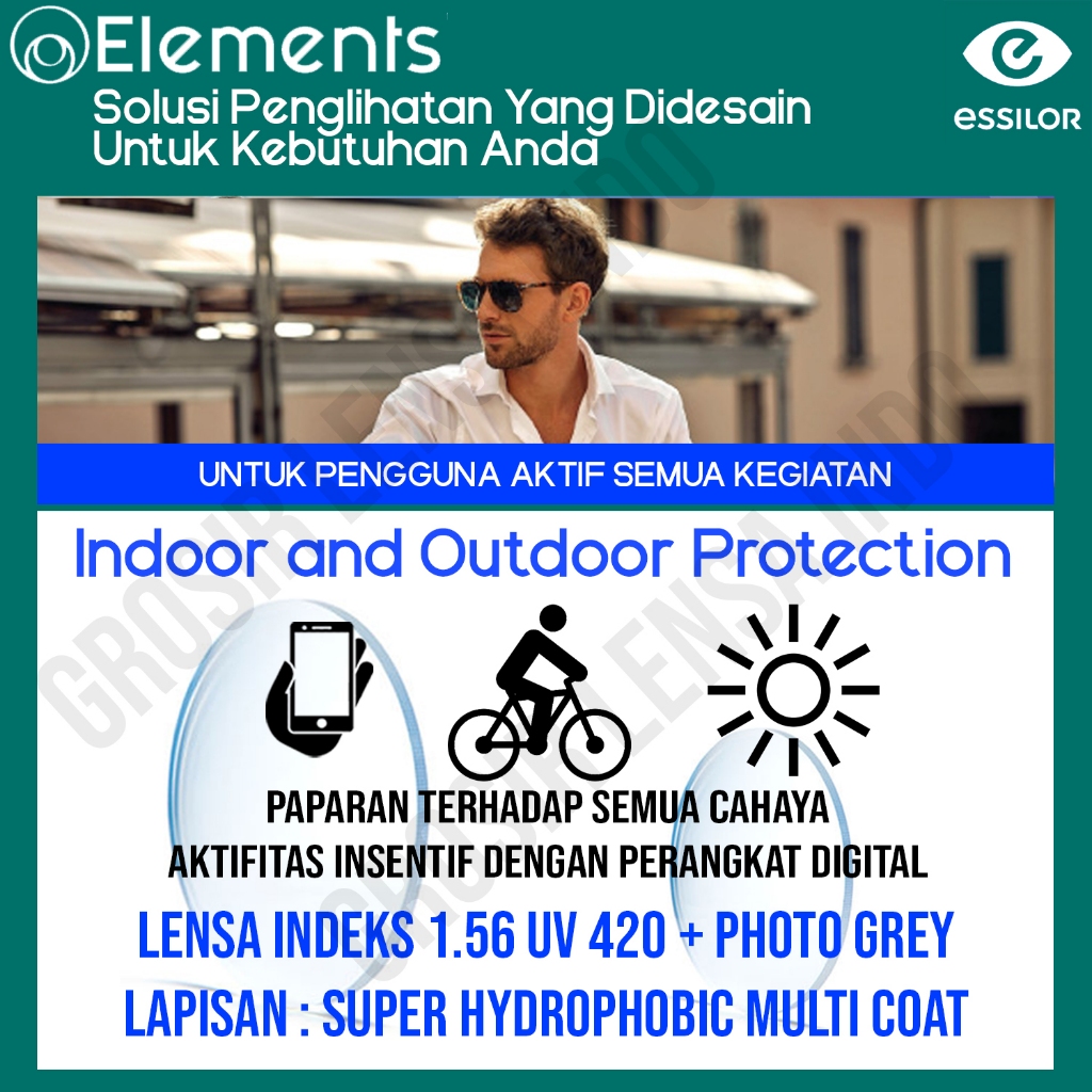Lensa Essilor Elements Photocromic anti blueray index 1.56 / Bluecromic single vision