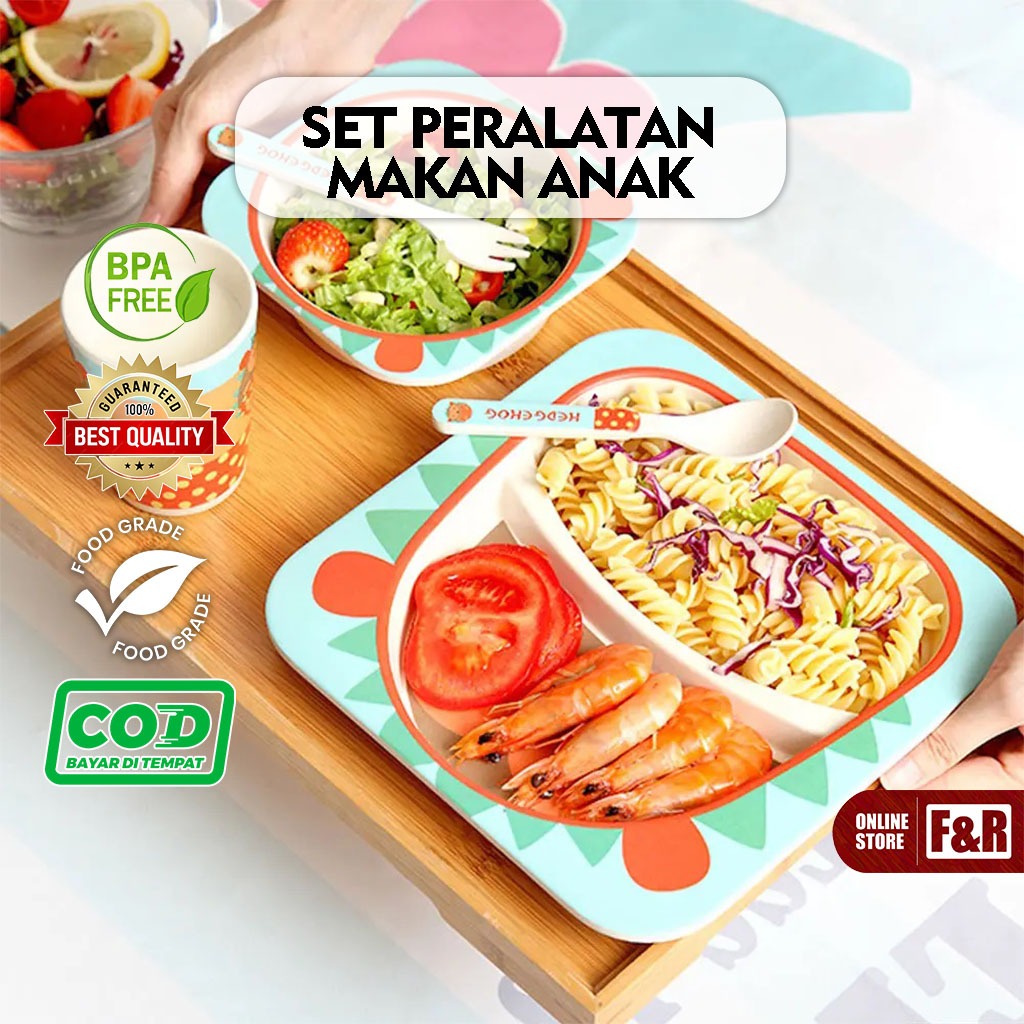 Set Peralatan Makan Anak 5 in 1 BPA FREE Piring Mangkok Gelas Sendok dan Garpu Karakter Lucu Bamboo 