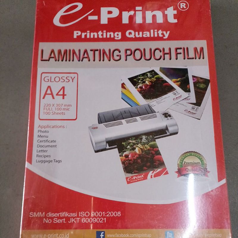 

plastik laminating e-print A4 /F4 ( 100 lembar)