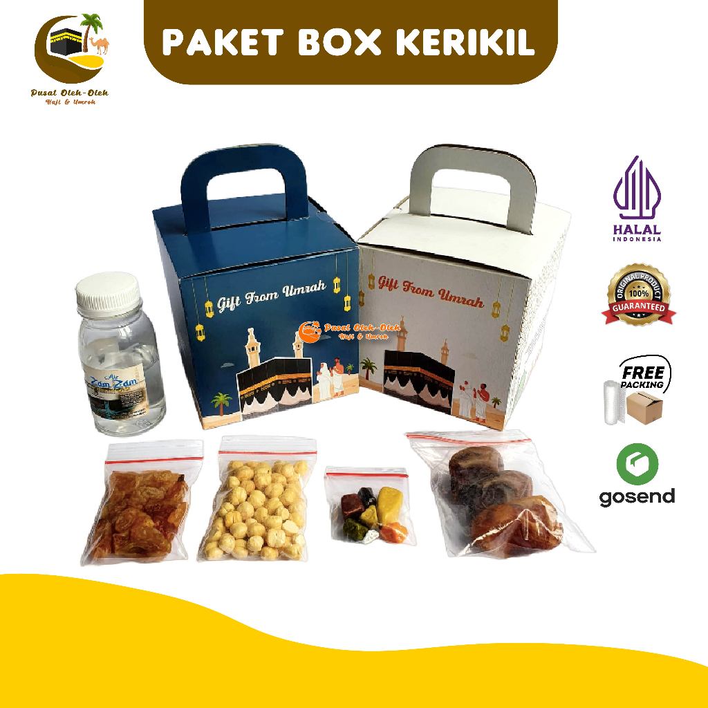 

Paket Oleh Oleh Haji dan Umroh dus box Air Zamzam + Botol 80ml + Kacang Kismis Kurma Khalas + Coklat Kerikil