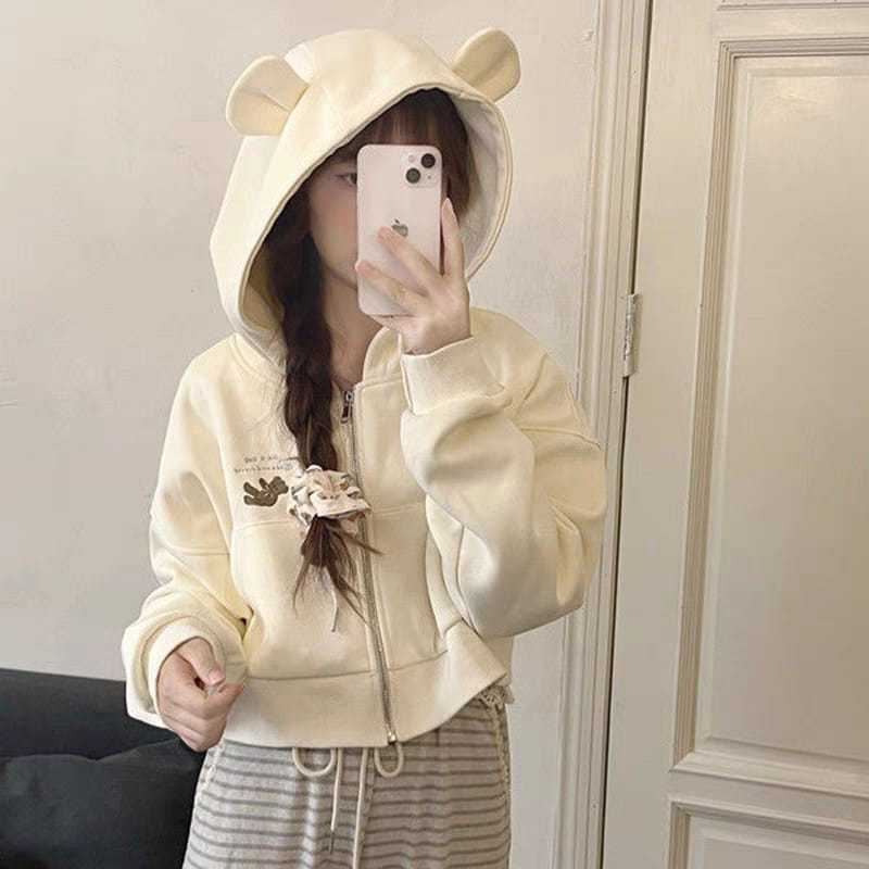 HOODIE BEAR BUDDY ZIPPER JACKET CROP TOPI TELINGA ATASAN WANITA LUCU