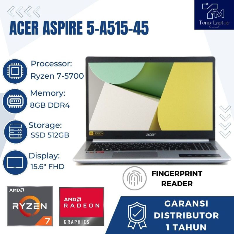 LAPTOP BARU ACER ASPIRE 5 A515-45-R958/RYZEN 7-5700/RAM 8GB/SSD 512GB