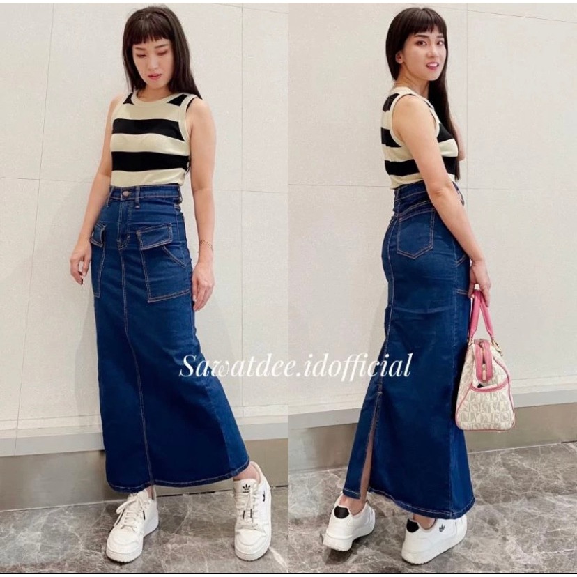 (Bisa cod)Rok panjang kantong cargo | Rok span panjang | Rok jeans high waist | Rok span cargo Ootd 