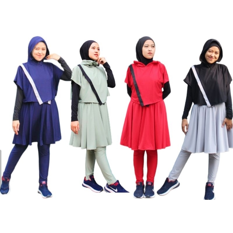 One Set Baju Olahraga (Hoodie kerudung + Legging Rok) One Set Sporty Baju Olahraga Rokcel Rok Celana