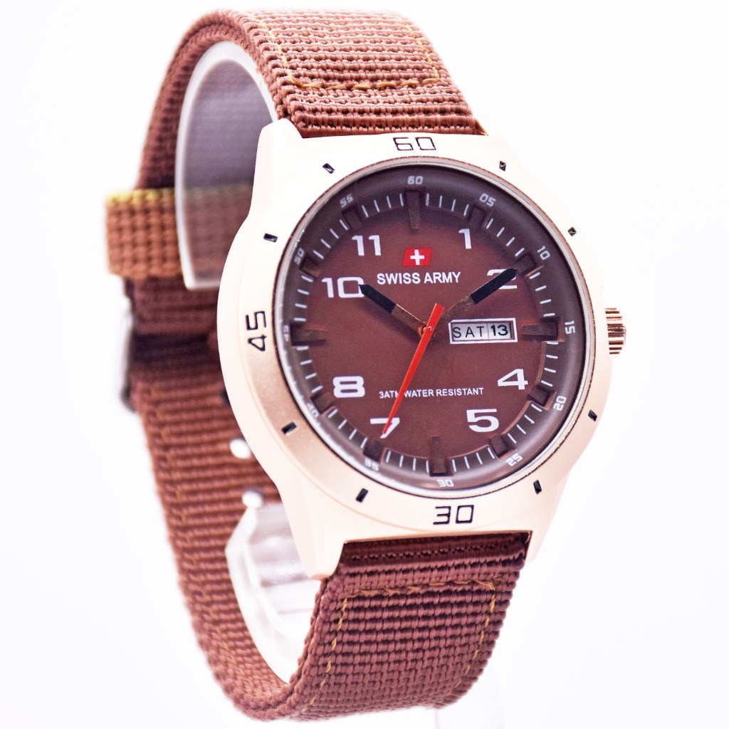 BISA COD Jam Tangan Swis Armi Tali Kanvas Casing Rosegold Tanggal Hari Aktif