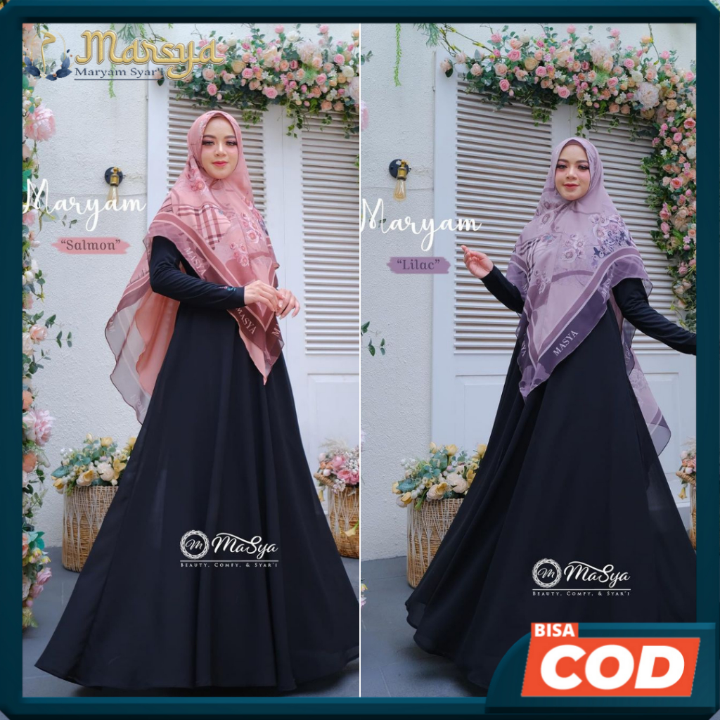 MARYAM Set Gamis Dress Ceruty Babydoll Syari Branded Black -  Hitam - Salmon - Lilac Mewah Masya Sya