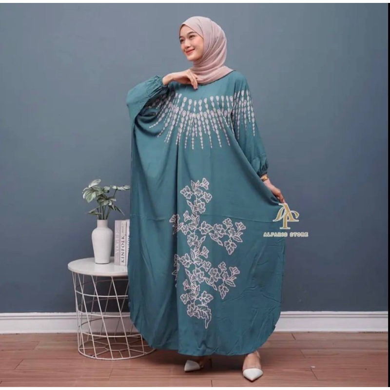 Kaftan Wanita - Daunda Kaftan Size Jumbo XXXXL Motif Daun Lengan Panjang Busui Resleting by Nadira_Fashion / Gamis Rayon Jumbo Kaftan Terbaru-Luna toska