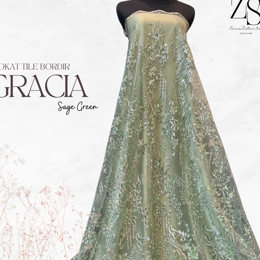 Ready Stock.. Kain Bahan Kebaya Mewah Brokat Brukat Tile Bordir Payet Gracia Warna Hijau Sage Green.