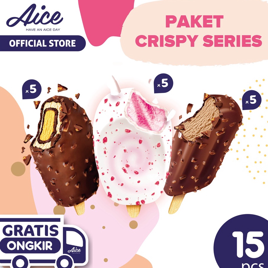 

ZNTK2446 [PROMO MURAH!!!] Paket Aice Ice Cream Crispy series Es Krim (isi 5 pcs chocolate, 5 pcs strawberry, 5 pcs coffee )