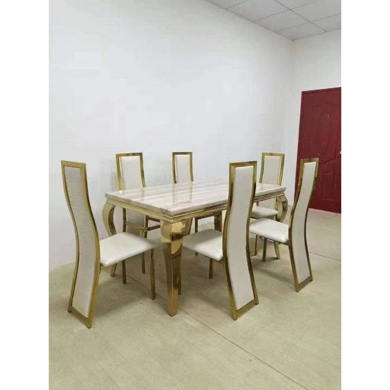 Set Meja Makan Marmer Import DS 1601 GW + 6 Kursi