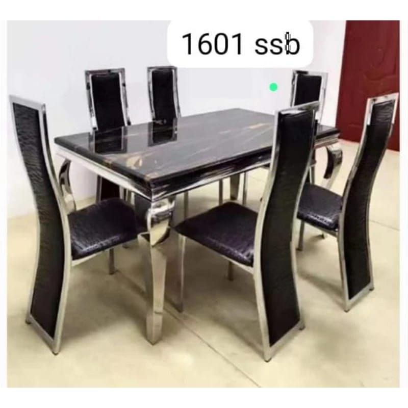 Meja Makan Marmer Import DS 1601 SSB + 6 Kursi