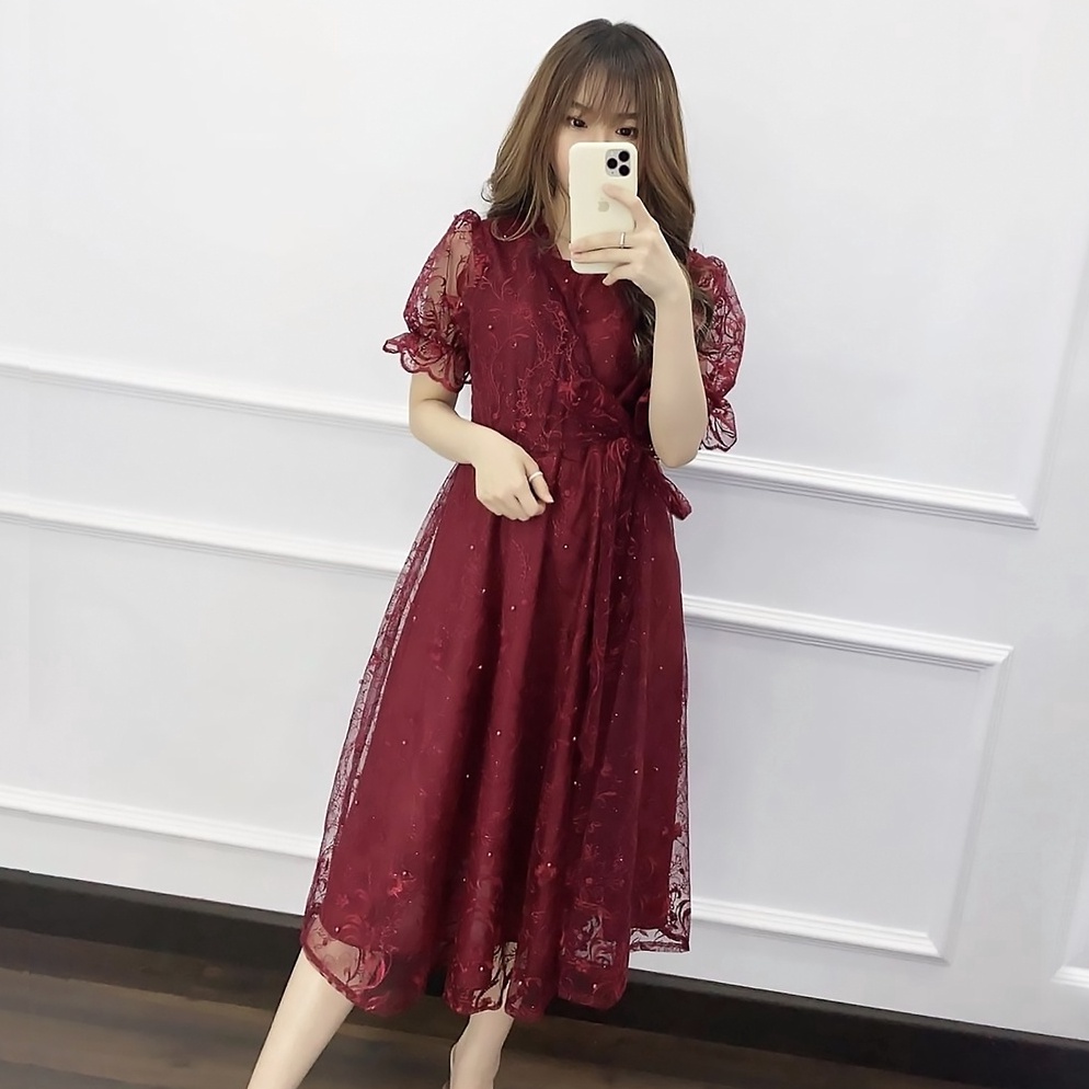 oyq58 MIDI DRESS NATAL LIVINA | REKOMENDASI OUTFIT BAJU PESTA KONDANGAN WANITA GAYA KOREA BROKAT TIL