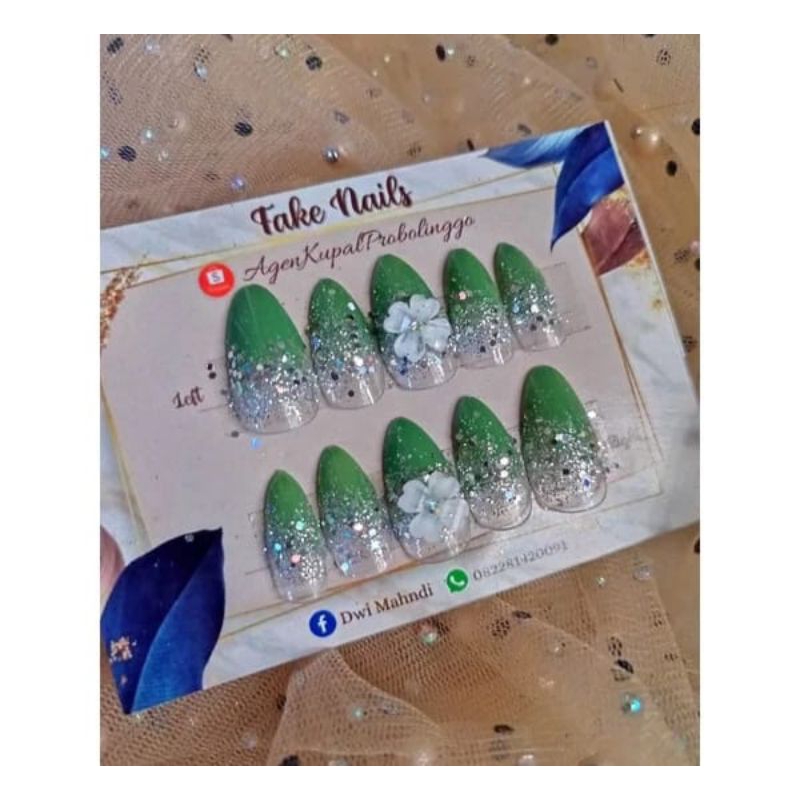 KUKU PALSU LANCIP SAGE GREEN FAKE NAILS  +LEM GELL/NAIL ART WEDDING