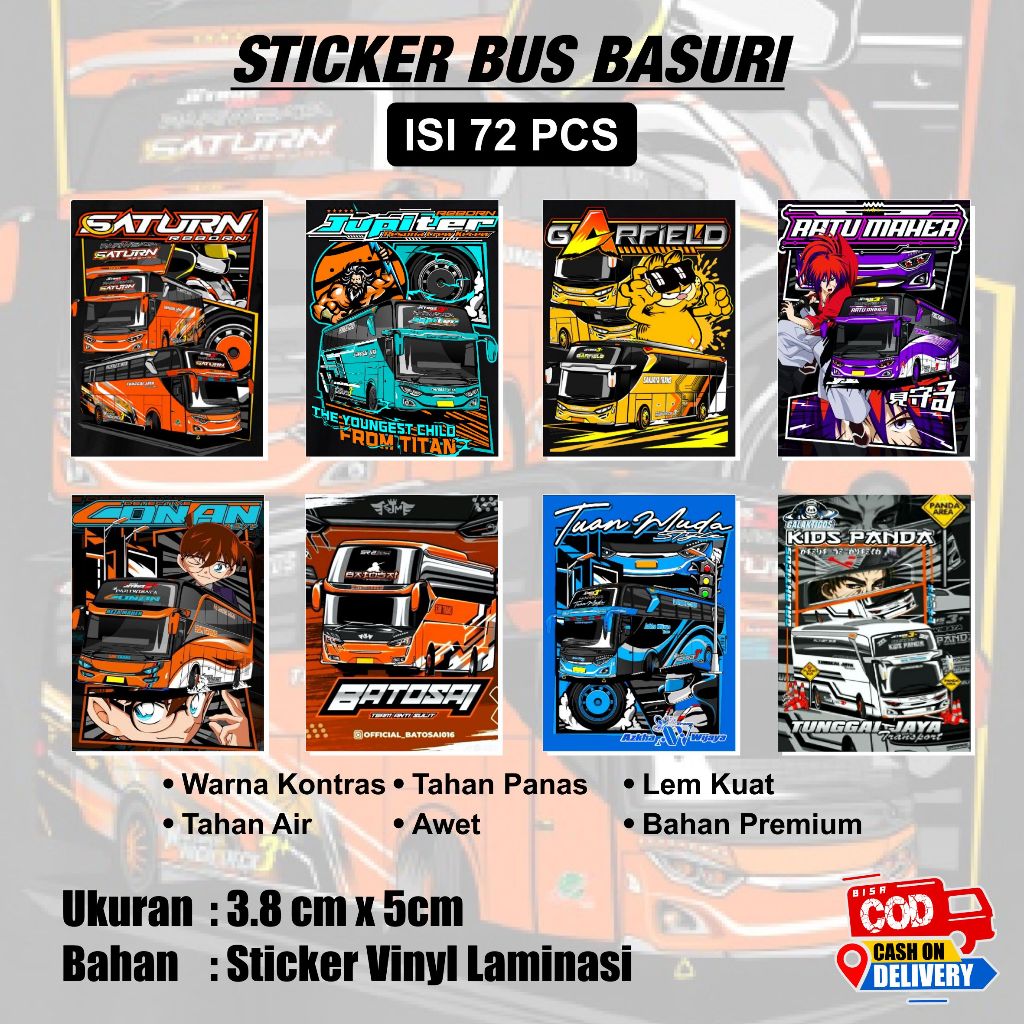 

VIRAL stiker bus basuri isi 72 stiker [ saturn garfield jupiter queen maher conan batosai tuan muda kids panda ] banyak pilihan model desain