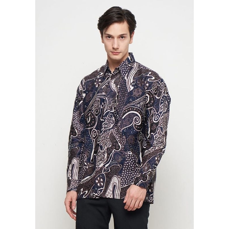 KEMEJA BATIK PRIA MODERN abstrak gelombang biru tua/biru Dongker [COD]