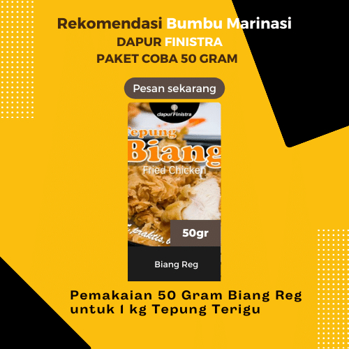 

Paket Coba Tepung Biang Marinasi Ayam Goreng (Fried Chicken) - Ayam Geprek Dapur Finistra - Biang 50gr Marinasi 20gr