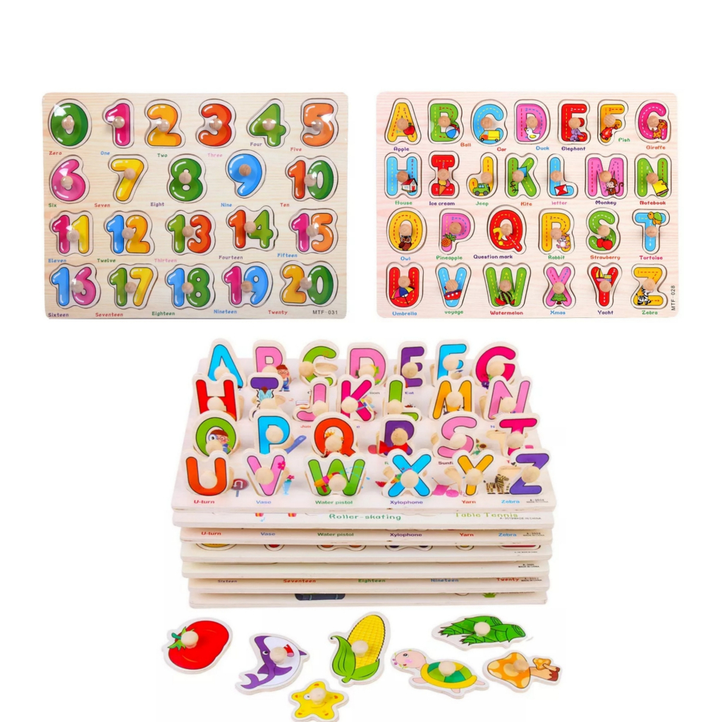 Mainan Puzzle Kayu Bentuk Huruf dan Angka dengan Knob | Mainan Edukasi Anak Bongkar Pasang Bahan Kay