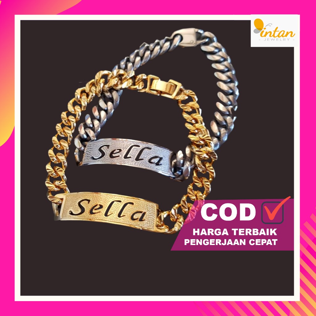 Gelang Nama Custom Anak Bayi Dewasa Titanium Grafir Rantai Tebal Karakter Anti Karat Lapis Emas Kada