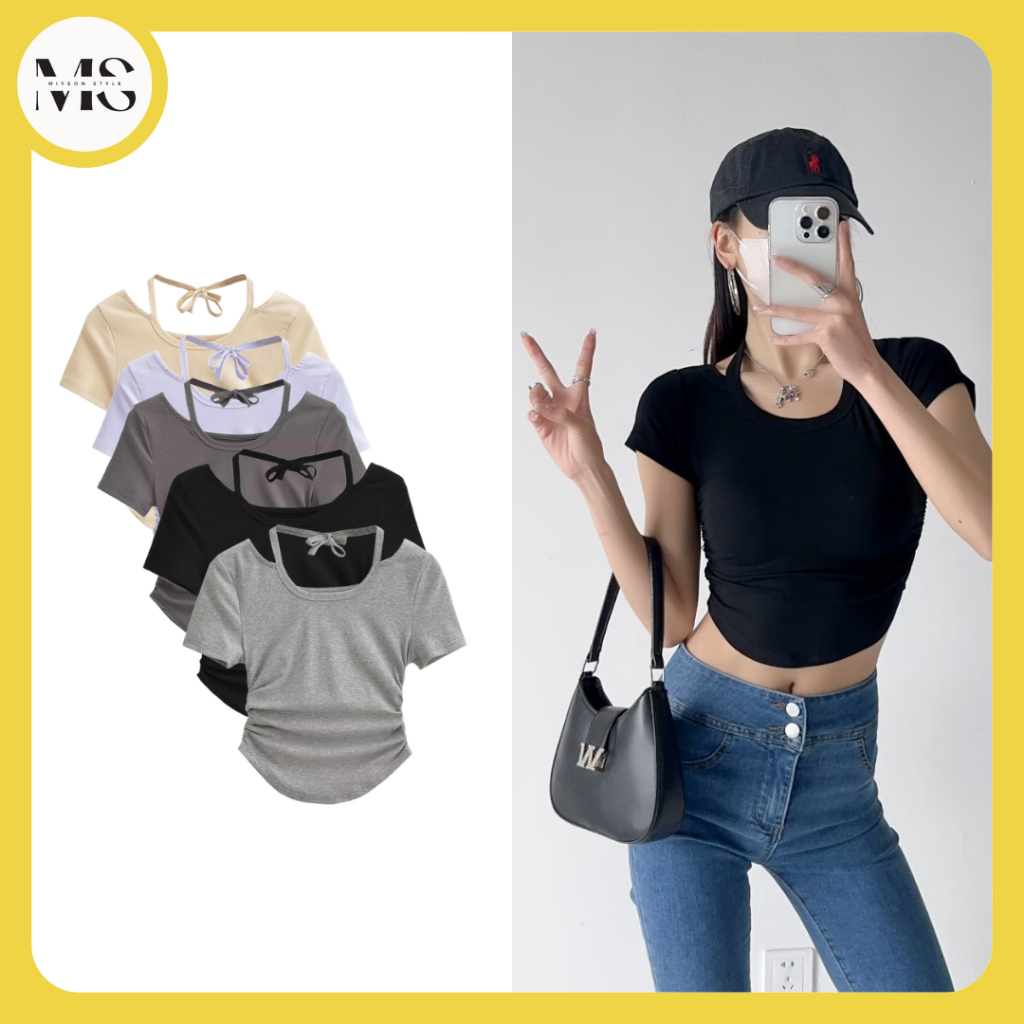 *Miyeon* 414 Baju Atasan Kaos Spandek Korean Wanita Sexy Lengan Pendek Leher Tali Leher Fashion