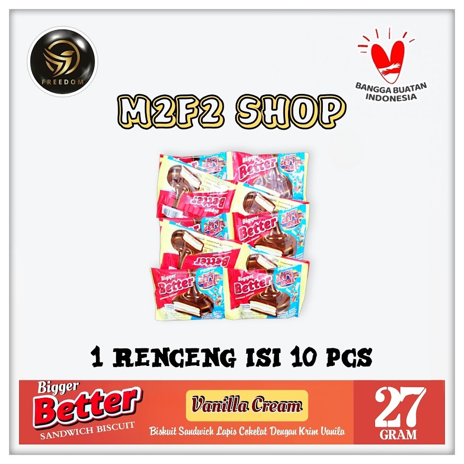 

Bigger Better Sandwich Biscuit Vanilla Cream | Biskuit Lapis Cokelat Krim Vanila | Renceng GT - 27 gr (Kemasan 1 Renceng)