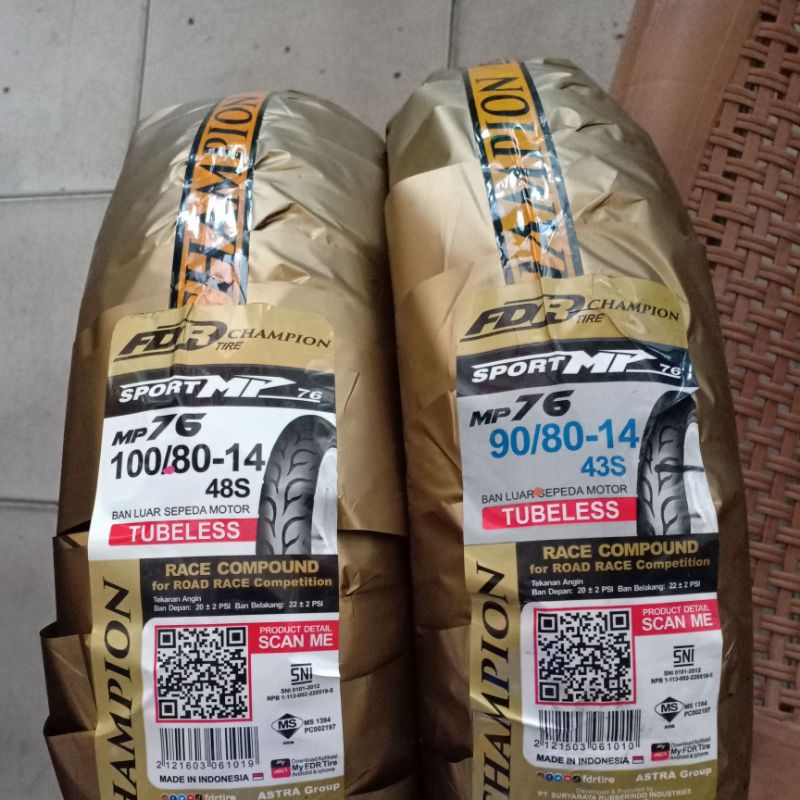 ban fdr mp 76  ring 14 sepasang depan dan belakang ukuran 90-80/14 dan 100-80/14.soft compound