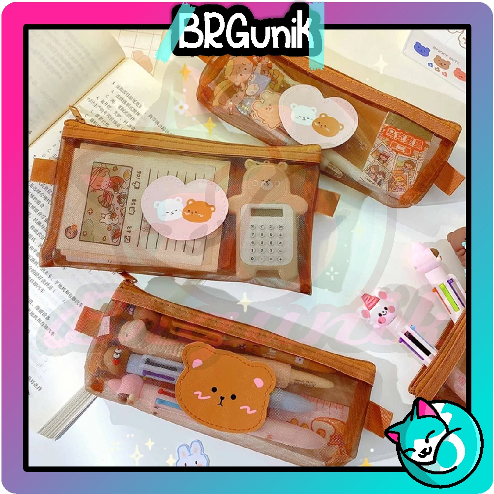 

BRGUNIK Tempat pensil jaring zipper transparant cute/ Dompet pensil lucu tempat make up S093