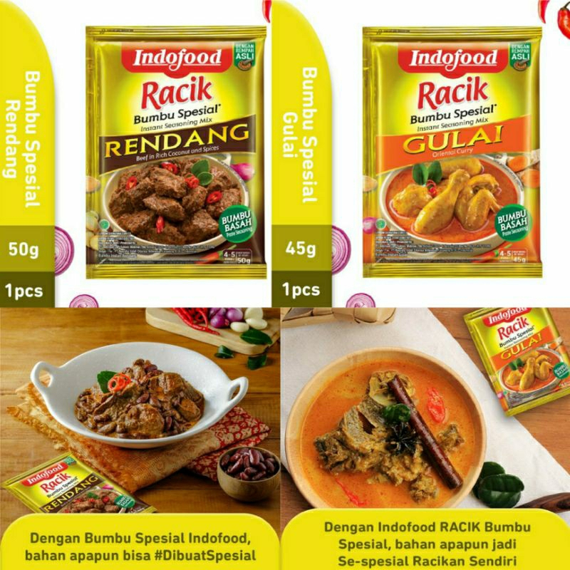 

Bumbu Racik Indofood Rendang 50gr / Gulai 45gr Spesial Sachet