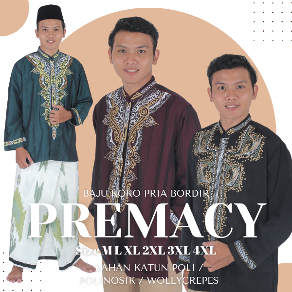 Baju Koko Pria Warna Putih Lengan Panjang Bordir Putih Merk Premacy Bahan Katun Tebal Dingin HALUS